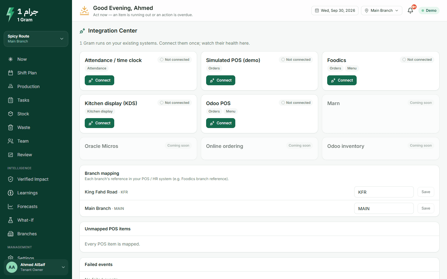 Integrations page with connections, branch mapping, unknown items and failed events