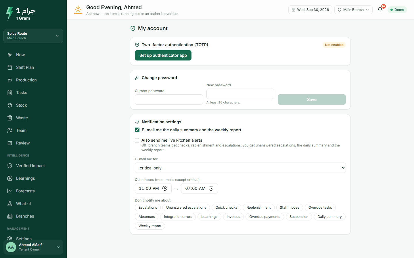 My account: two-step verification and notification settings